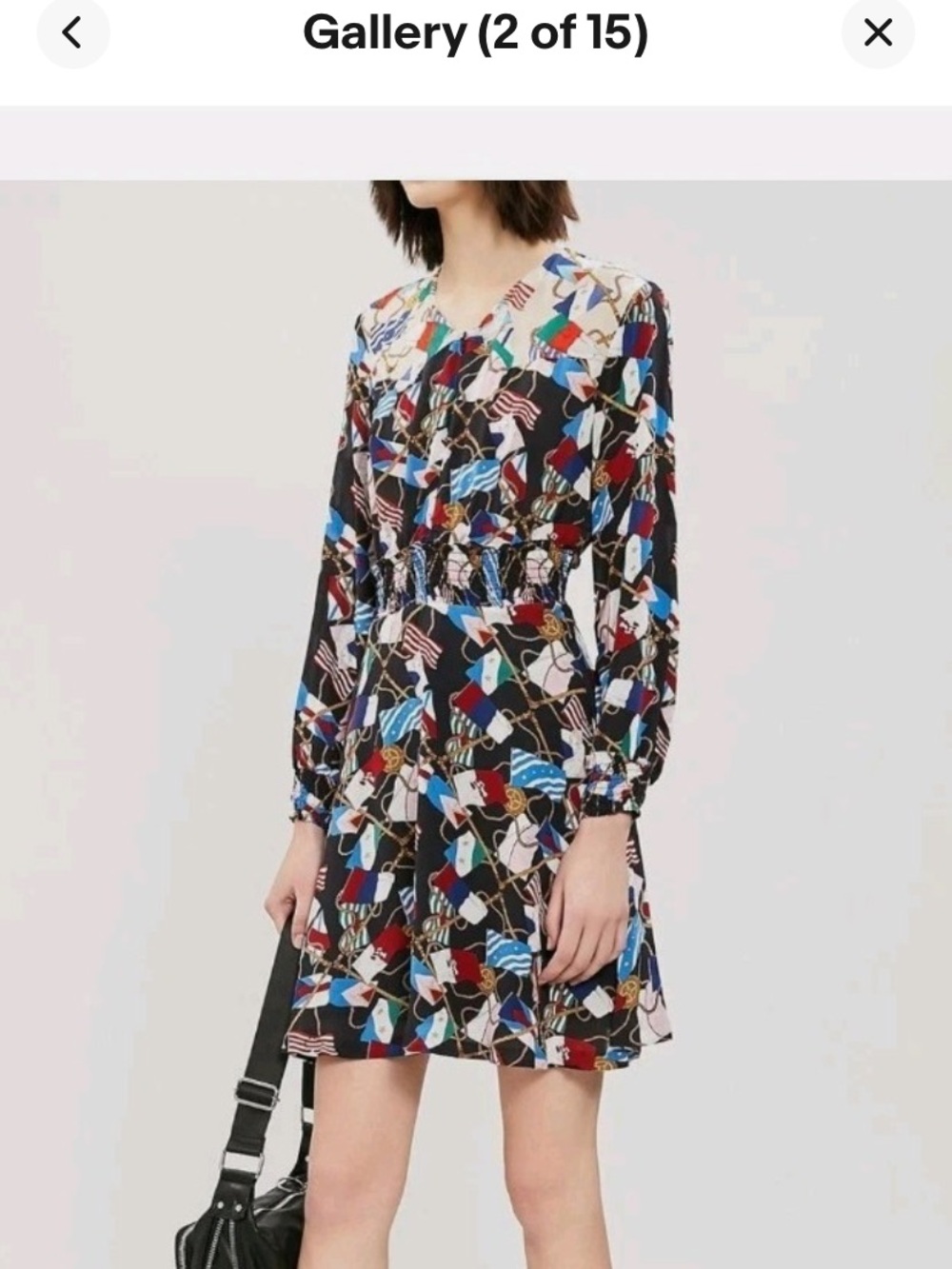 Black Long-Sleeve Multicolor Printed Waist-Detail Dress